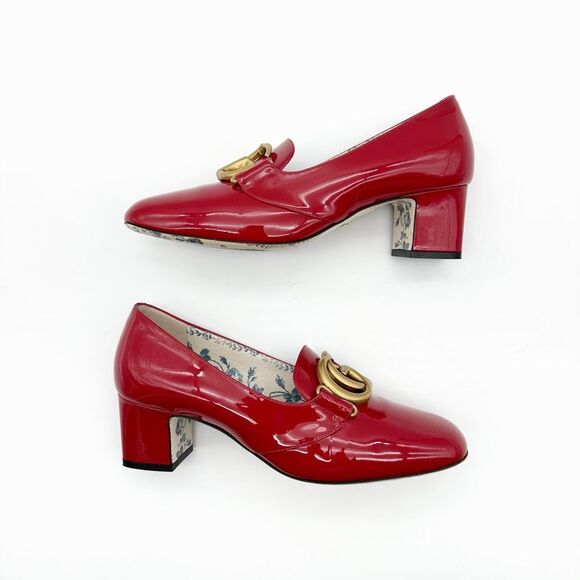GUCCI Victoire Marmont GG Red Vernice Heel Size 37.5 Patent Leather Loafers - Picture 9 of 13